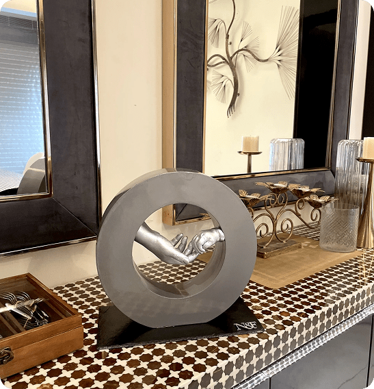 Personalized Baby Handcasting Silver Luxury Art Piece With Base Round 9 inches Wooden Finish