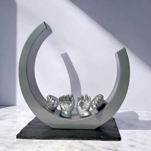 Family Handcasting Luxury Art Piece With Base Full Cresent 12 inches Wooden Finish Silver